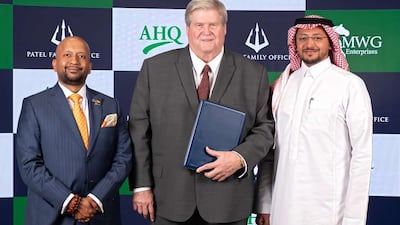 Patel Family Office vice chairman Lakshmi Narayanan, left, MWG Enterprises founder Marc Gunderson, centre, and AHQ Group chief executive Abdulmalik Alqahtani. Photo: Mera Oil Consortium