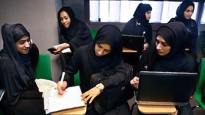 Students at Masdar Institute in Abu Dhabi where efforts are being made to support women who want to work in scientific jobs. DELORES JOHNSON / The National