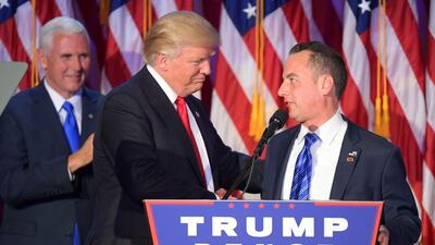 Chairman of the Republican National Committee Reince Priebus shakes hands with Republican president-elect Donald Trump as Republican candidate for Vice President Mike Pence looks on during election night at the New York Hilton Midtown in New York on November 9. Jim Watson / AFP