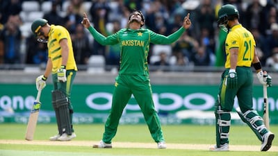 Hassan Ali of Pakistan celebrates dismissing JP Duminy of South Africa in the Champions Trophy match at Edgbaston. Stu Forster / Getty Images