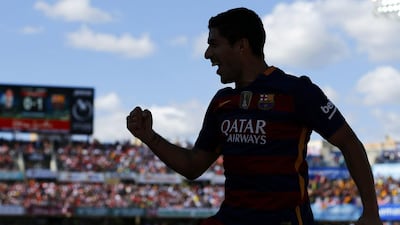 Barcelona’s Luis Suarez celebrates his second goal. REUTERS/Marcelo Del Pozo