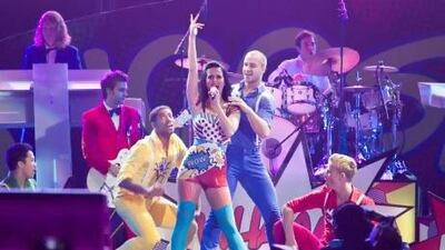 Katy Perry preforming at the closing ceremony of the World Parachuting Championships at the Meydan Arena in Dubai on 8 December 2012. Razan Alzayani / The National