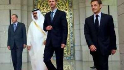 From right, the French president Nicolas Sarkozy, the Syrian president Bashar Assad, the Emir of Qatar Sheik Hamad bin Khalifa Al Thani and the Turkish prime minister Recep Tayyip Erdogan in Damascus yesterday.