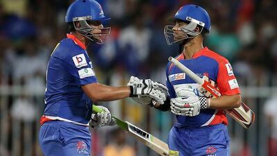 Ross Taylor, left, and J P Duminy of Delhi Daredevils after their innings during the IPL match against Royal Challengers Bangalore at Sharjah Cricket Stadium in Sharjah. Pawan Singh / The National