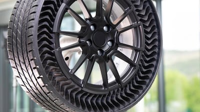 It is made from a combination of rubber for the tread, aluminium for the embedded wheel and a new reinforcing material comprising resin-embedded fibreglass for the 70 spokes that provide the shock absorbing properties instead of air. Courtesy Michelin