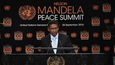 Danny Faure, president of the Seychelles, addresses the Nelson Mandela Peace Summit September 24, 2018. AFP