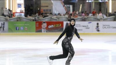 Zahra Lari, is the first international competitive Emirati figure skater, competing at the Dubai Golden Cup, International Figure Skating Competition, held at the Dubai Mall Ice Rink. Jeffrey E Biteng / The National