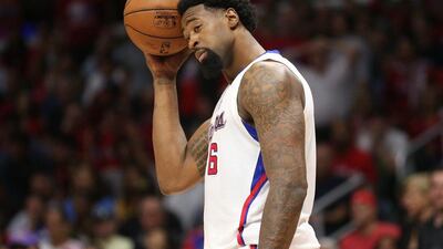 DeAndre Jordan of the LA Clippers reacts during his team's Game 5 loss to the San Antonio Spurs on Tuesday in their NBA play-offs series. Stephen Dunn / Getty Images / AFP / April 28, 2015