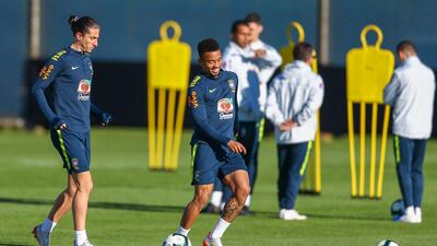Filipe Luis and Gabriel Jesus take part in a Brazil training session./ Getty Images