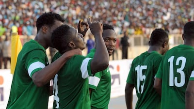 Nigeria’s Oghenekaro Etebo (2nd L) celebrates his goal during the African Cup of Nations qualification match between Egypt and Nigeria, on March 25, 2016, in Kaduna. AFP / PIUS UTOMI EKPEI