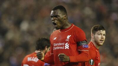 Christian Benteke celebrates scoring for Liverpool in their Europa League win over Bordeaux last week at Anfield. Carl Recine / Action Images / Reuters / November 26, 2015