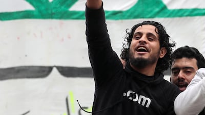 Abdelbaset Sarout leads a rally in the town of Maaret Numan in Idlib province on March 15, 2019. AFP
