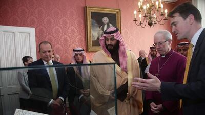 Saudi Arabia's Crown Prince Mohammed bin Salman views The Birmingham Quran during a private meeting at Lambeth Palace in London with UK's Archbishop of Canterbury Justin Welby. All photos by Yui Mok / Reuters