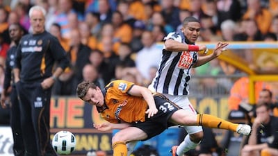 Jerome Thomas, the West Brom winger, vies for the ball with Kevin Foley, the Wolves midfielder, during the Baggies 2-0 win against their rivals. Alex Morton / Action Images