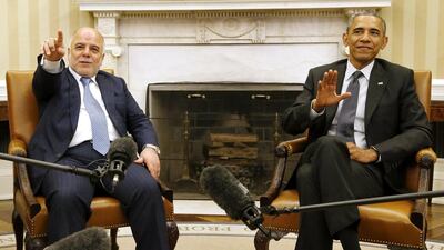 Iraq's prime minister Haider Al Abadi calls on a reporter at the end of remarks with US president Barack Obama following their Oval Office meeting at the White House on April 14, 2015. Jonathan Ernst/Reuters