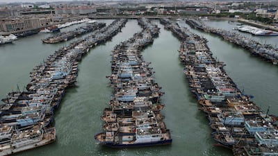 Fishing boats moored at a port in Xiamen city, China's Fujian province, where Typhoon Doksuri is expected to land. AFP