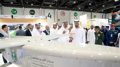 Sheikh Mohamed bin Zayed visits Prince Sultan Defense Studies and Research Centre at Umex. Seen with Faisal Al Bannai.