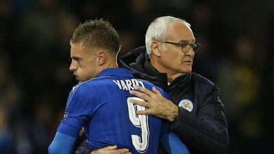 Leicester City manager Claudio Ranieri embraces Jamie Vardy as he is substituted on Tuesday night. Andrew Boyers / Action Images / Reuters