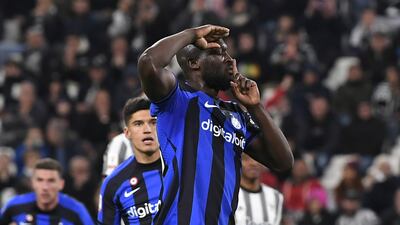Inter Milan's Romelu Lukaku gestures to the Juve crowd after scoring. AP