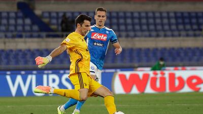Gianluigi Buffon kicks the ball during Juventus' Italian Cup final defeat against Napoli on June 17, 2020. AP
