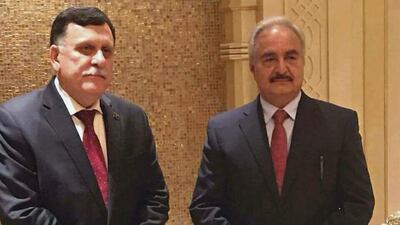 Fayez Al Sarraj, prime minister of Libya’s UN-backed government, left, met Field Marshal Khalifa Haftar, Libya’s most powerful military commander, in Abu Dhabi. Egyptian president Abdel Fattah El Sisi, seen as a key interlocutor in Libya affairs was also in the capital. AP Photo