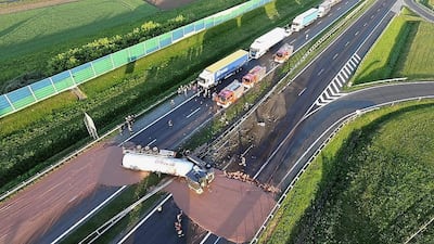 A tanker carrying liqiud chocolate crashed and overturned on the A2 motorway in central Poland. TwojaSlupca.pl / EPA