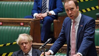 UK Prime Minister Boris Johnson, left, purportedly described Health Secretary Matt Hancock, right, as 'totally hopeless' in WhatsApp messages released by former chief adviser Dominic Cummings. AFP