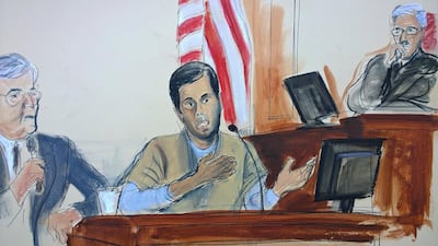 A courtroom sketch showsg Turkish-Iranian gold trader Reza Zarrab explaining how he helped Iran evade US economic sanctions with help from Turkish banker Mehmet Hakan Atilla. Elizabeth Williams via AP