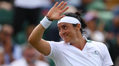 Tunisia's Ons Jabeur celebrates winning her second round match against Robin Montgomery. Reuters