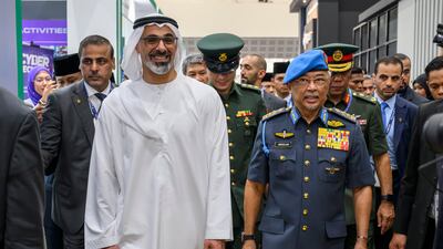 Sheikh Khaled bin Mohamed, Crown Prince of Abu Dhabi, visited the Langkawi International Maritime and Aerospace Exhibition in Malaysia alongside King Sultan Abdullah Ahmad Shah and Crown Prince Tengku Hassanal Ibrahim Alam Shah. Photo: @ADMediaOffice / Twitter