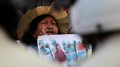 A protester shouts for the release of land activist Tep Vanny during a demonstration in front of the Municipal Court of Phnom Penh, Cambodia. Samrang Pring / Reuters