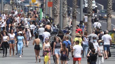 People without face masks enjoy the weather on the beach of Tel Aviv. EPA