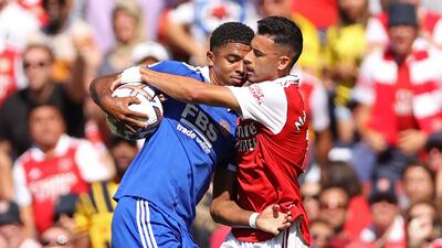 Arsenal's Brazilian midfielder Gabriel Martinelli tangles with and Leicester City's French defender Wesley Fofana. AFP