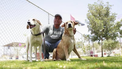 Tony Malibago with the two dogs he rehomed and will soon be taking with him to the Philippines. Sarah Dea / The National