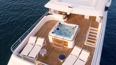 A top down view of the fly bridge with Jacuzzi.