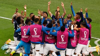 Enner Valencia of Ecuador celebrates with teammates after levelling in the 1-1 Group A draw with the Netherlands at Khalifa International Stadium in Doha on November 25, 2022. EPA