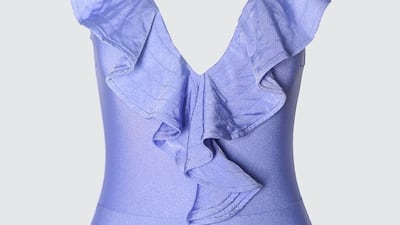 The clean and classic lines of this light lilac Trendyol one-piece ensures the ruffle front is the style star of the swimsuit; Dh107, Trendyol at namshi.com. Photo: Namshi