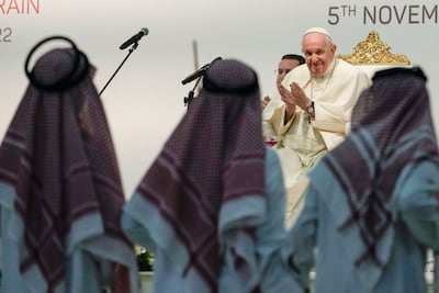 Dancers perform as Pope Francis attends a meeting with the youth at the Sacred Heart School in Manama, Bahrain, on Saturday. AP Photo