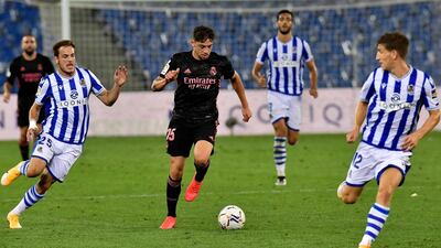 Real Madrid midfielder Federico Valverde runs with the ball. AP Photo