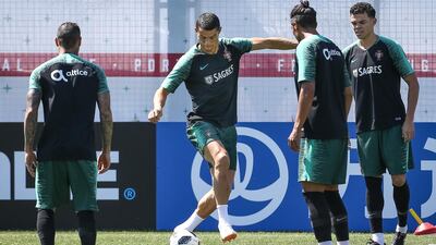 From left, Portugal's Ricardo Quaresma, Cristiano Ronaldo, Bruno Alves and Pepe during training in Kratovo, Moscow on June 17, 2018. Paulo Novais / EPA