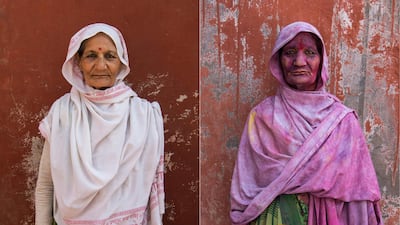 Manta Devi, 60, who lives in the Vrindavan ashram for widows, posing for photographs before and after celebrating Holi in Vrindavan. All photos by Chandan Khanna / AFP Photo