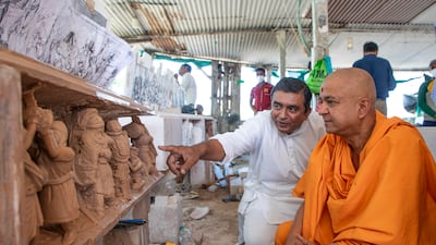 Pink sandstone is being used in the construction as it can withstand the scorching summer heat in the desert. Photo: Baps Hindu Mandir