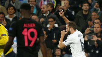 Real Madrid defender Nacho celebrates his goal against Paris Saint-Germain in the Champions League on Tuesday night. Juan Carlos Hidalgo / EPA / November 3, 2015