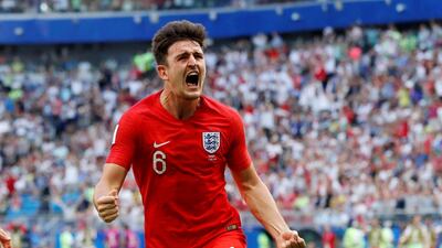 England's Harry Maguire celebrates scoring their first goal. Carlos Garcia/Reuters