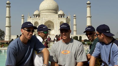 Glenn McGrath, Justin Langer, Matthew Hayden, Colin Miller and Michael Slater of Australia, take in the sights at the Taj Mahal on March 5, 2001. Getty Images