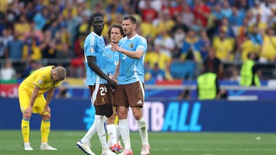 Dejected Ukraine players after their goalless draw with Belgium at Stuttgart Arena that meant they were eliminated from Euro 2024 after finishing fourth in Group E, on June 26. Getty Images