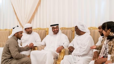 Sheikh Mohammed bin Zayed, Crown Prince of Abu Dhabi and Deputy Supreme Commander of the Armed Forces, offers condolences to the family of Ali Khalifa Hashel Al Mesmari, who died while serving in the UAE Armed Forces in Yemen. Rashed Al Mansoori / Crown Prince Court - Abu Dhabi