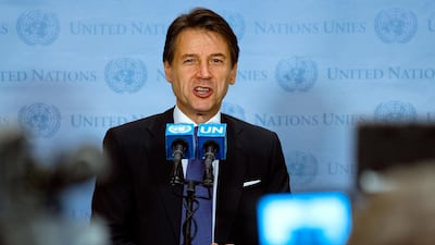 Italy's Premier Giuseppe Conte speaks with members of the news media during the 73rd session of the United Nations General Assembly, at UN headquarters. AP