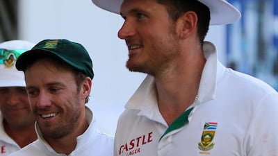 AB de Villiers, right, appears to have pole position on a claim to succeed Graeme Smith, left, as South Africa's Test captain. Marwan Naamani / AFP