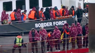 A group of people thought to be migrants are brought to Dover, Kent, by a UK Border Force vessel. Monday October 23, 2023. PA